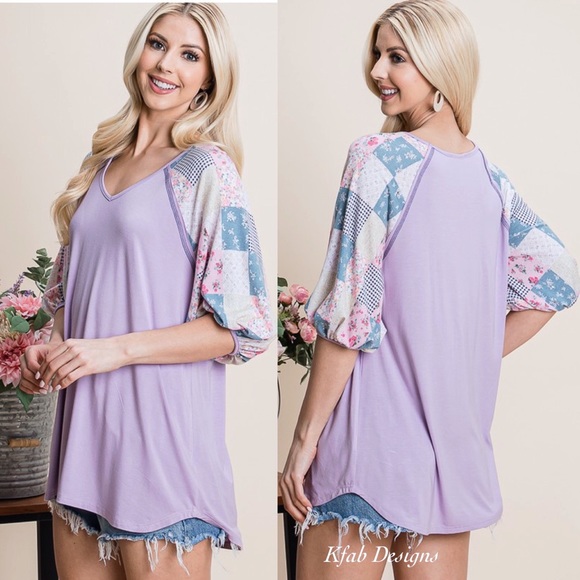 ❤️LAST 1! V Neck Lavender Contrast Patch Pattern Super Soft Top! - Picture 6 of 8